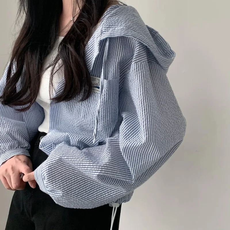 Korean Chic Autumn Fashion Temperament Vertical Stripes Contrasting Color Hooded Casual Versatile Short Women
