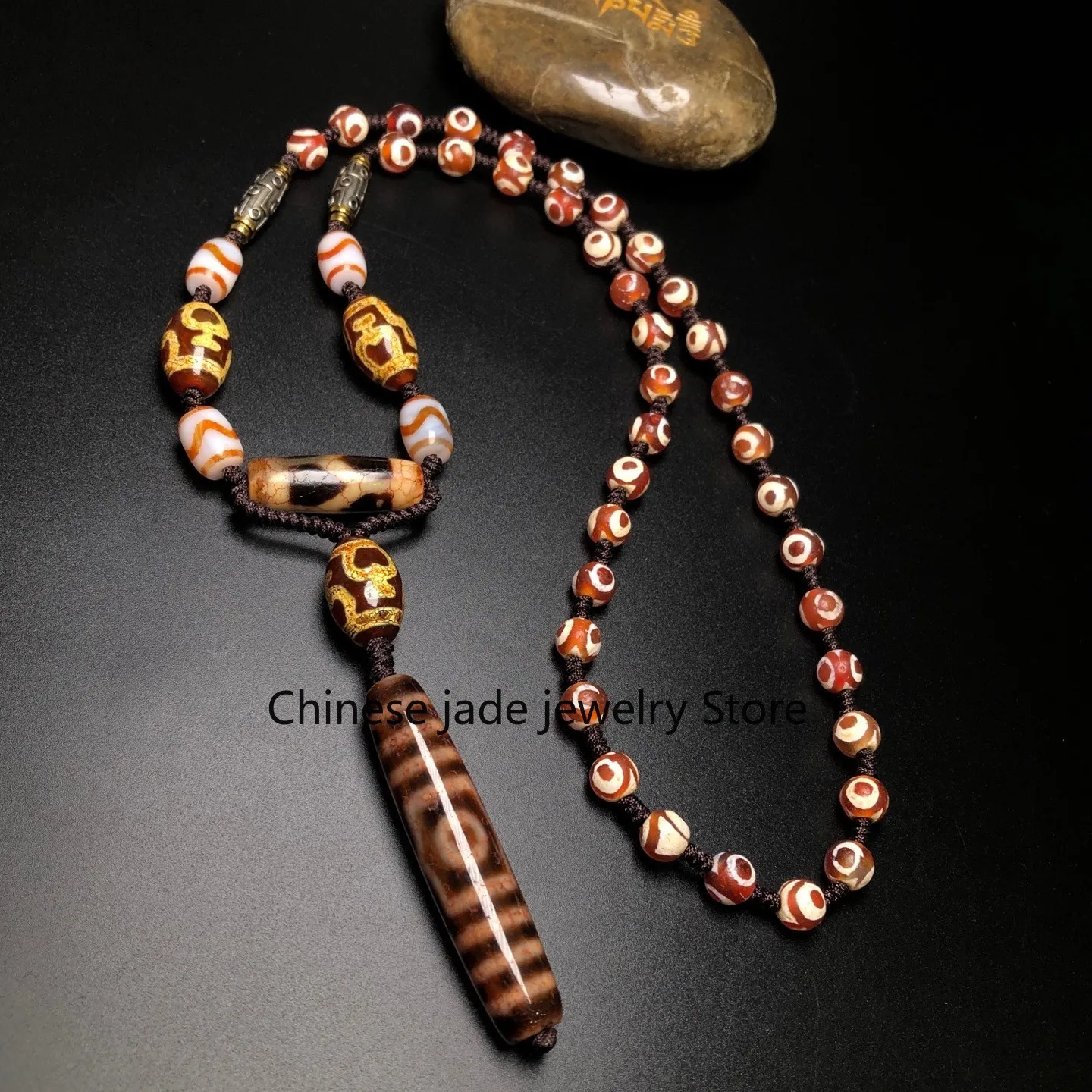 Rare Tibetan Agate 3 Eyes& Many Treasure Dzi Bead Amulet Necklace Pendant Z3291