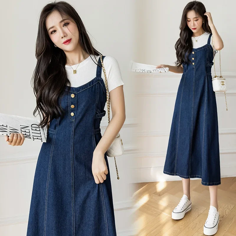 Spaghetti Straps Denim Dress Elastic Waist Lace Up Mid Length Dresses Spring Summer Women Sleeveless Jean Frock