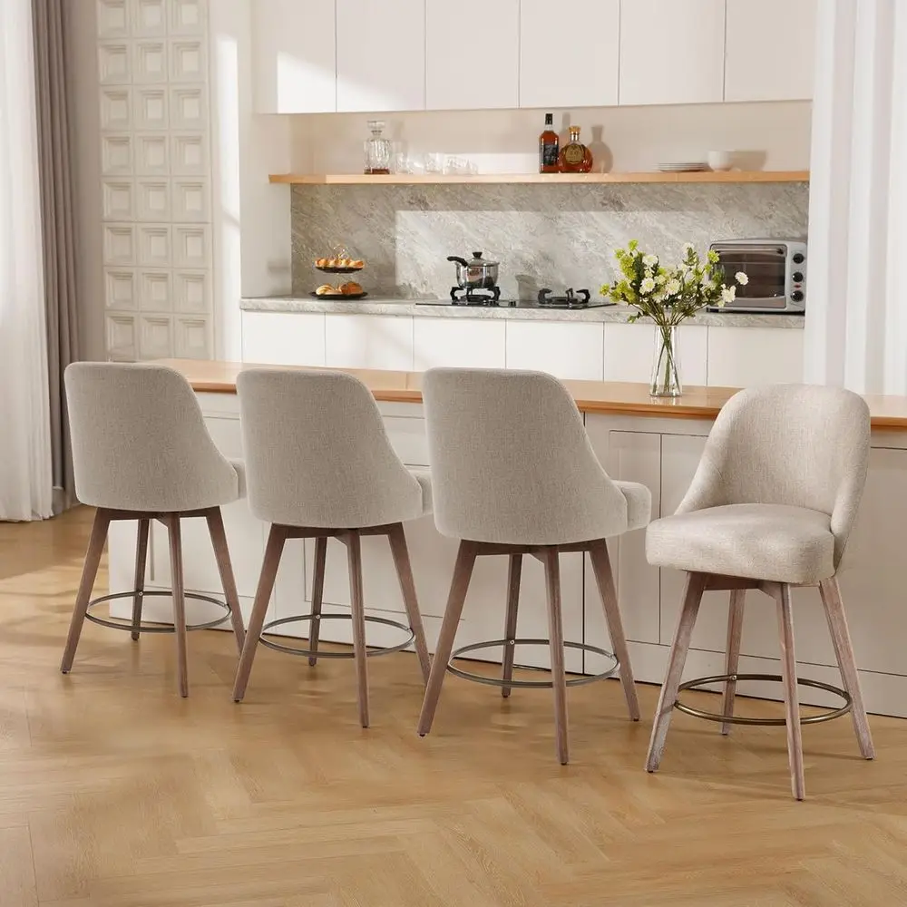 

4-Piece Swivel Counter Height Bar Stools with Backs, Wood Legs, Linen Upholstery, 26 Seat Height, Sand