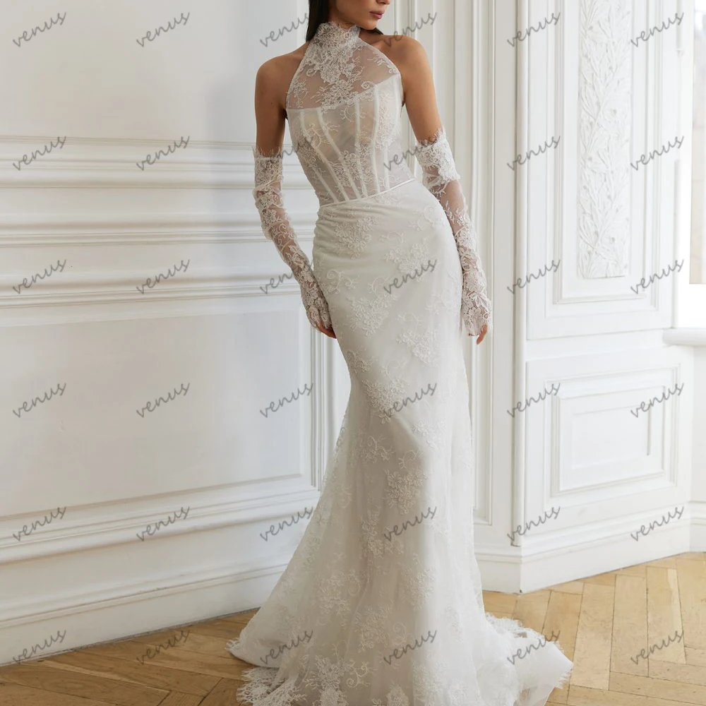 

Charming Wedding Dresses Vintage Bridal Gowns Lace Appliques Halter Neck Sleeveless Backless Robes Vestidos De Novia Customized