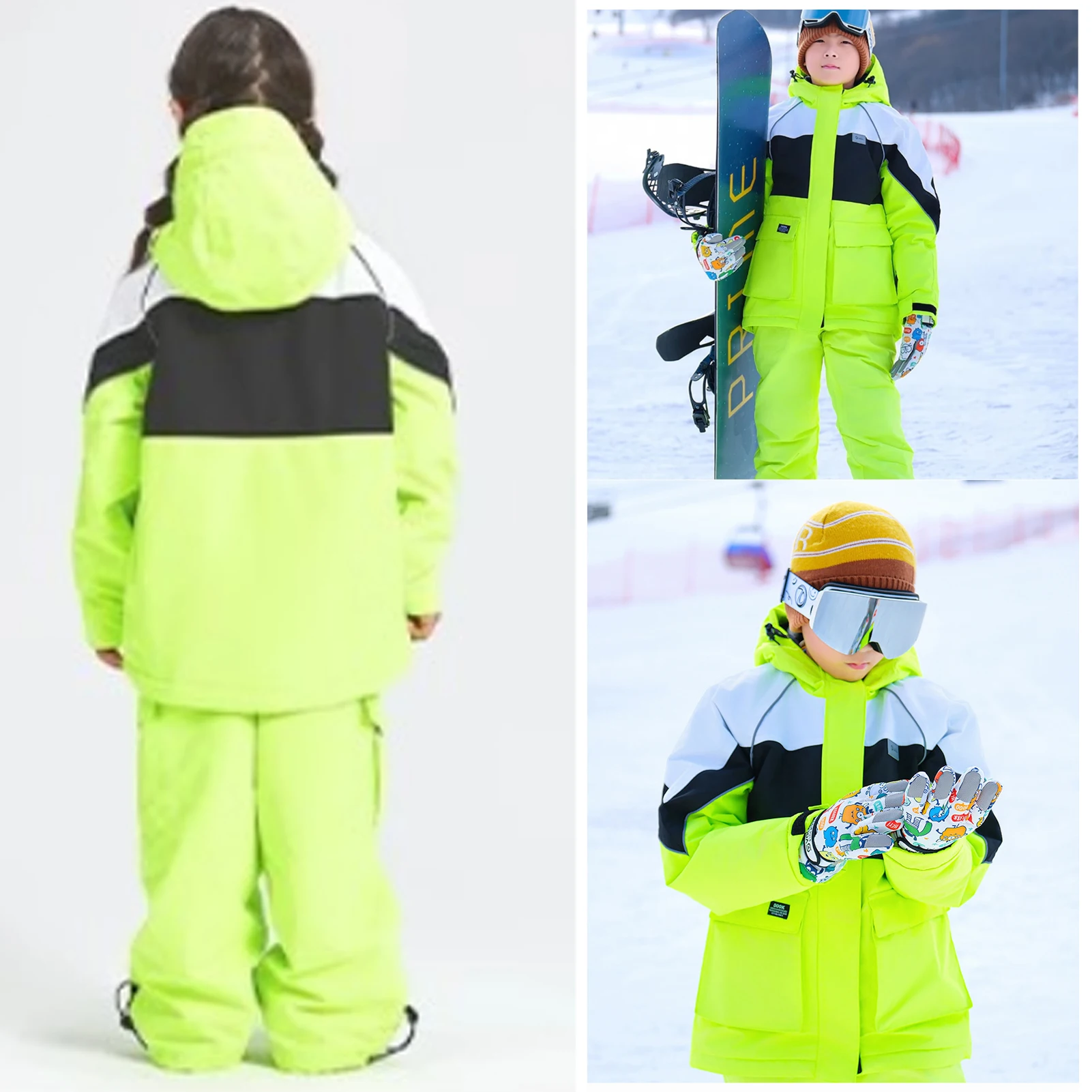 女の子用スノースーツ、フード付き暖かい防風防水子供用スキーウェア、アウトドアスポーツスキーウェア、キッズスノーボードジャケットパンツ