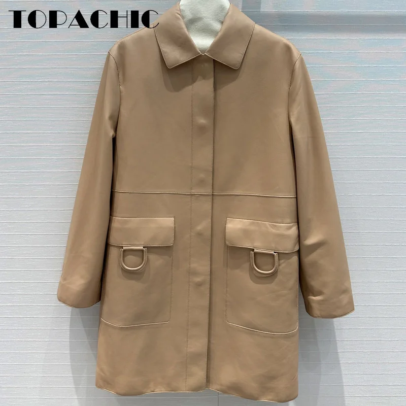 8.24 TOPACHIC-Women\'s Temperament Big Pocket Midi Coat 2024 Autumn New Lapel Covered Button Genuine Leather Split Outerwear