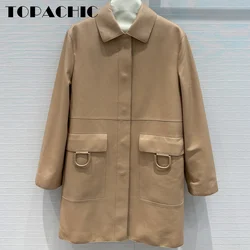 8.24 TOPACHIC-Women's Temperament Big Pocket Midi Coat 2024 Autumn New Lapel Covered Button Genuine Leather Split Outerwear