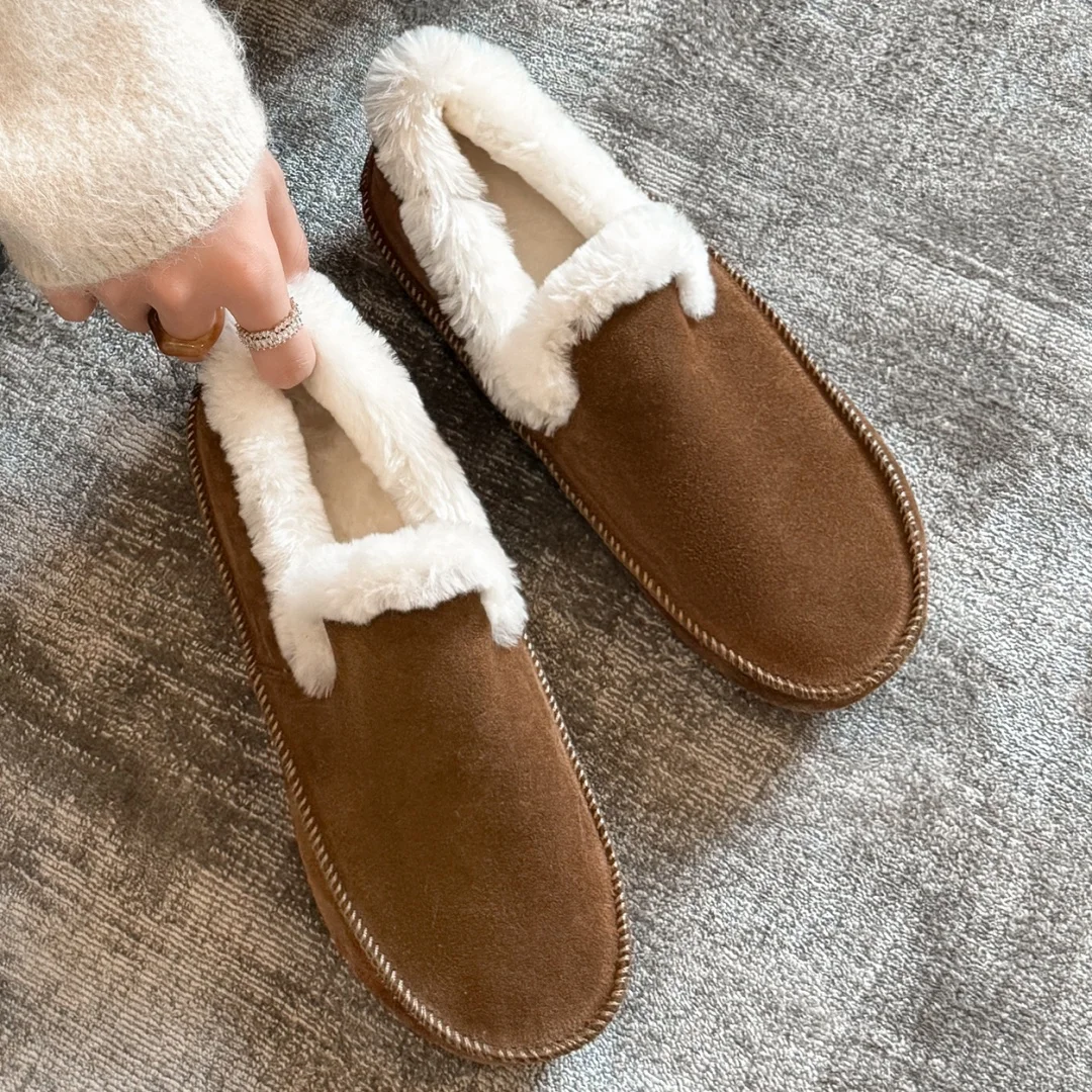 

danxuefei women's natural suede leather round toe wool inside slip-on winter warm loafers high quality soft comfortable shoes