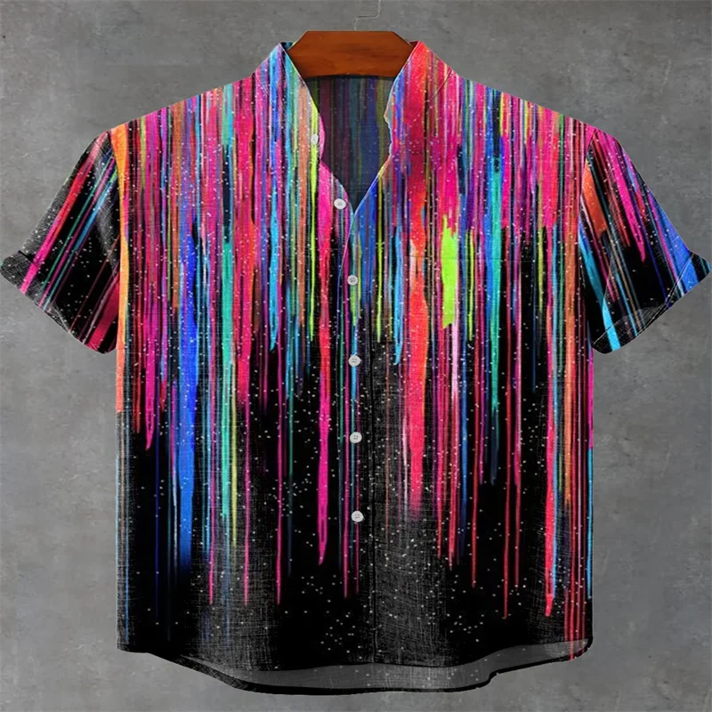 Men's Linen Short Sleeve Stand Collar Shirt Vintage Purple Art Starry Sky Printed Casual Shirt Fast Shipping