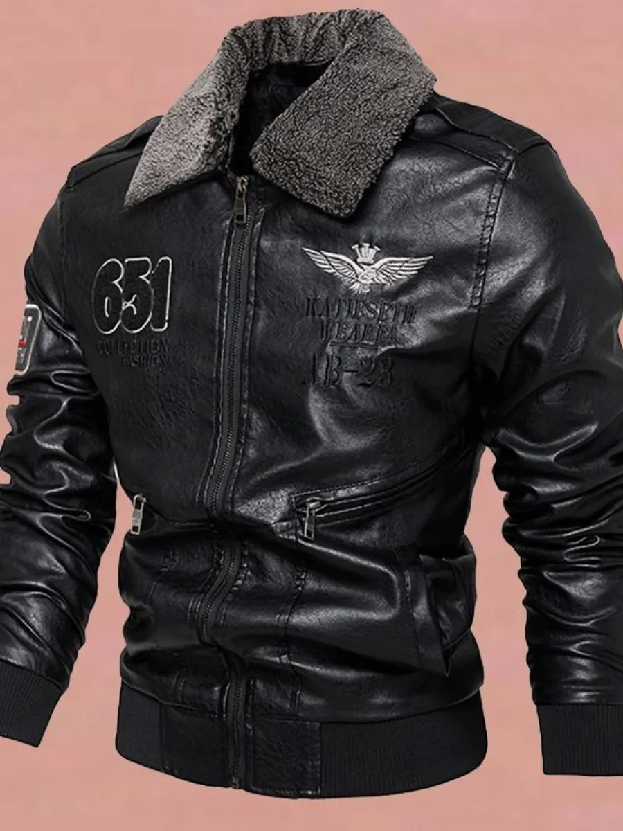 

Thiened Fce Lined Biker Sle Jaet Men's Autumn Winter New Faion Slim Fit Motorcycle Skin Fur Inteated Coat