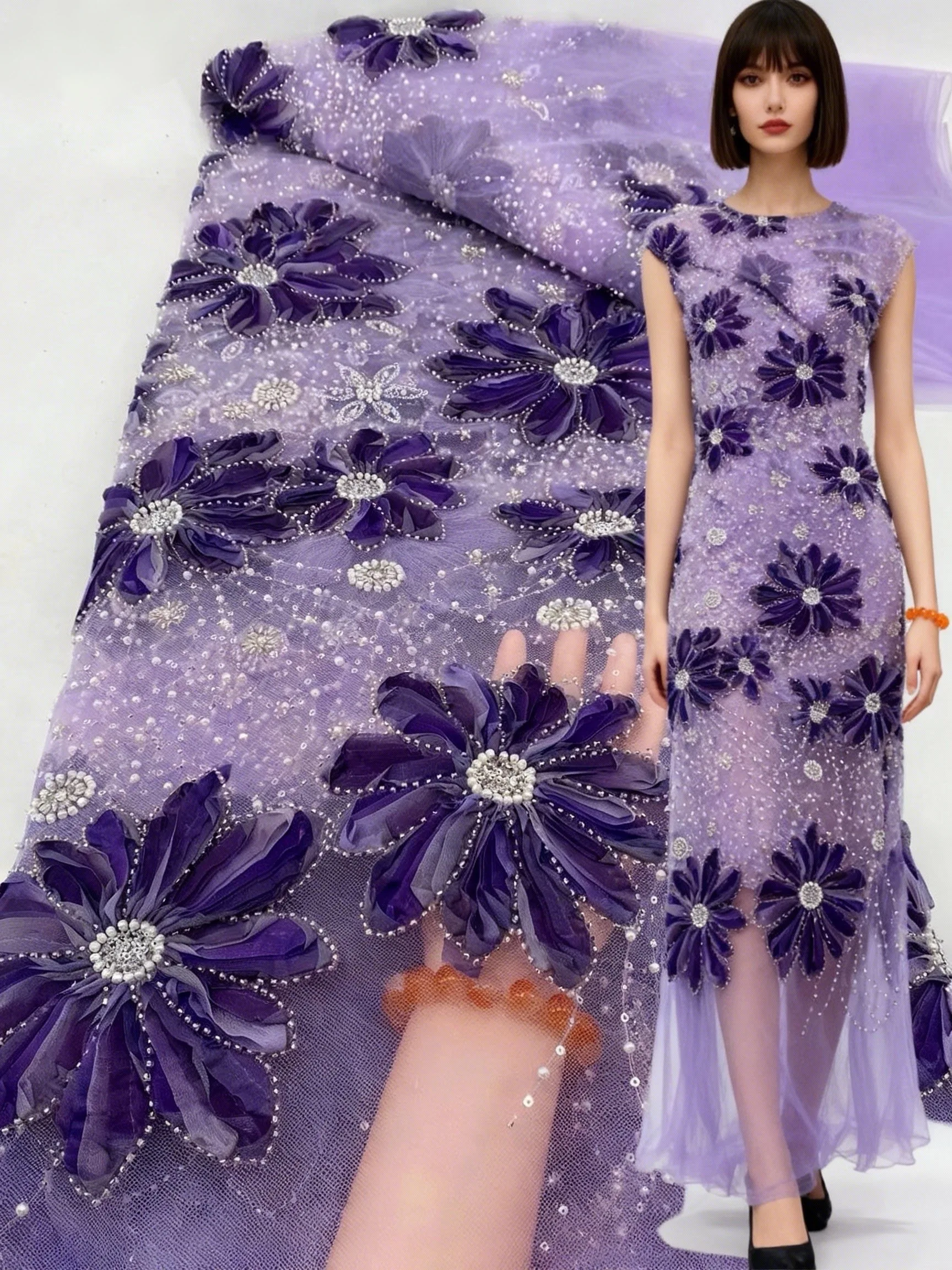 

Newest Elegant African 3D Beaded Lace Tulle Fabric 2025 French Sequins Embroidery Chiffon Lace Fabric For Dress Wedding Material