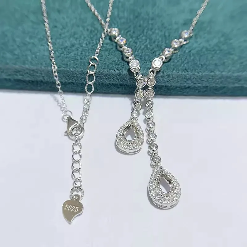 MeiBaPJ 2 Colors 4*6 Water Drop Stone Genuine 925 Silver Holder Pendant Necklace Empty Fitting Fine Wedding  Jewelry for Women