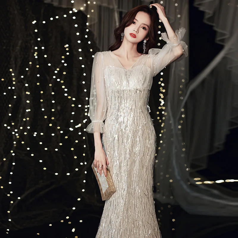 

V-Neck Sequin Lace Splicing Evening Dress Women's New Spring Autumn Season Elegant Birthday Dress Host Show Long Sleeve Dresses