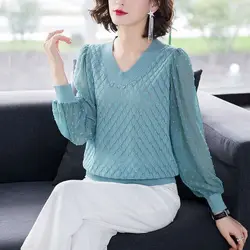 Elegant Fashion Long Sleeve Solid Color Hollow Out Tops Spring Autumn Female Clothing Commute Women's V-Neck Knitted T-shirt