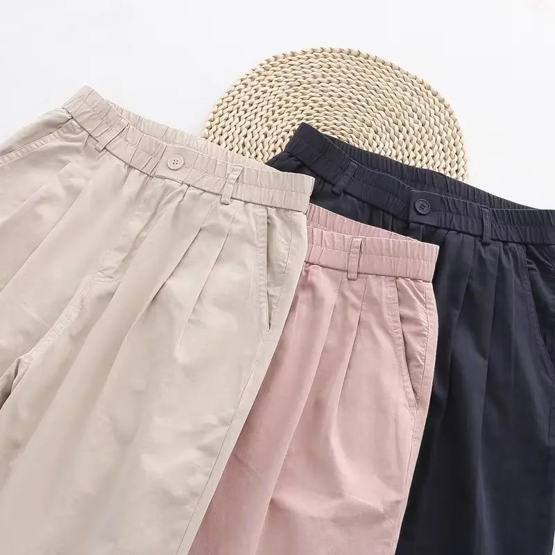 New Summer Cotton Cargo Pants Women Elastic Waist Solid Commute Trousers Mori Girl French Casual Thin Pants 2024 Fall B47483QC