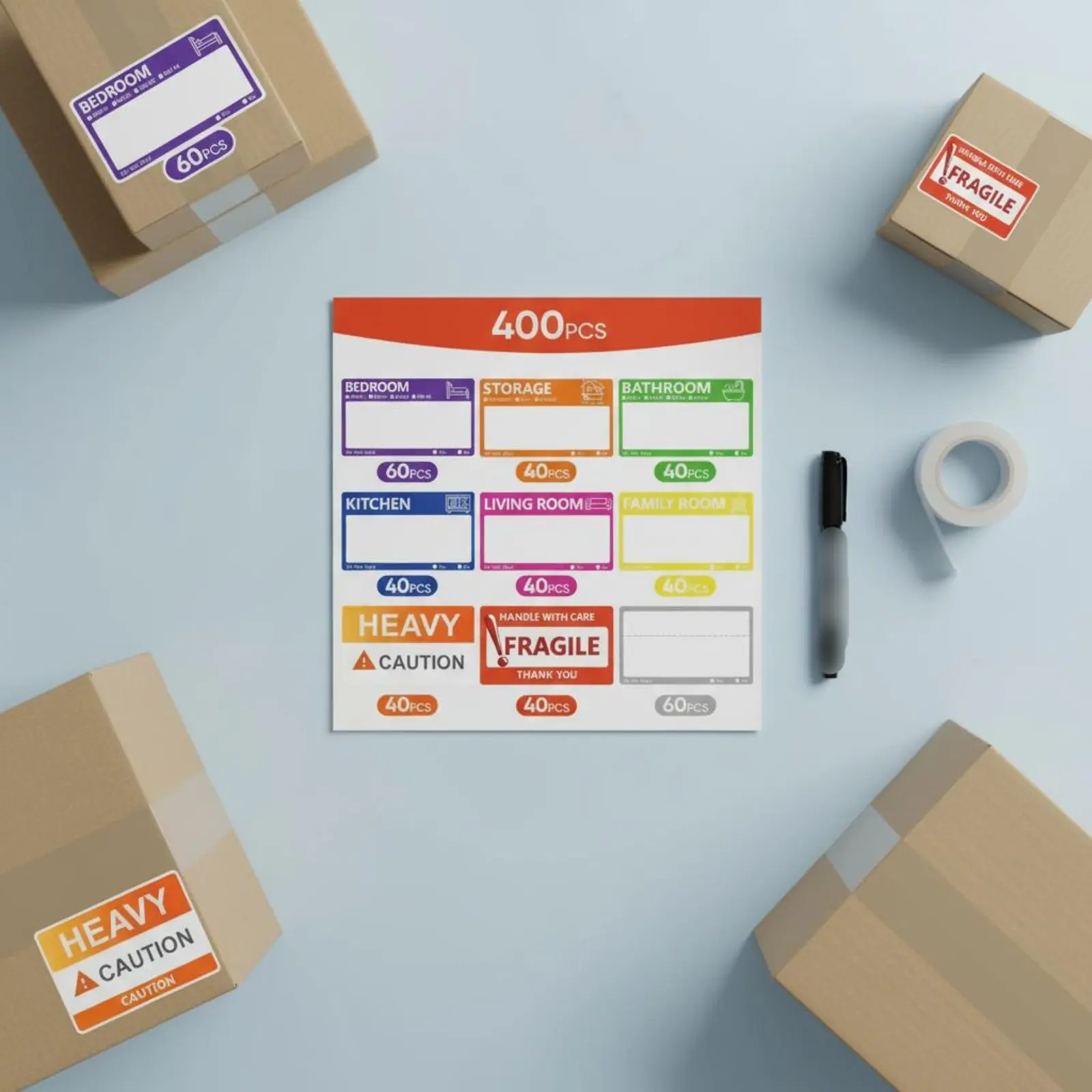 

400 Stickers Color Coded Moving Labels Time Saving Moving Box Stickers Writable Room Labels Large Print for Movers, Storage