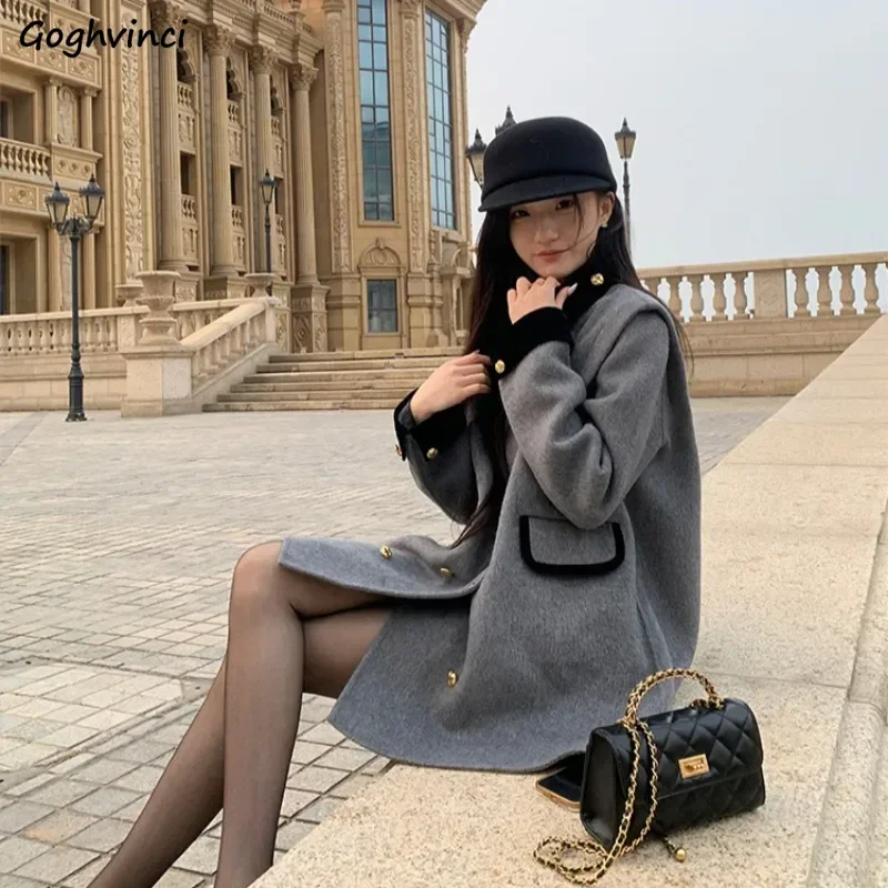 

French Style Fashion Blends Women Temperament Graceful Ladies Plus Velvet Warm Baggy Comfortable High Street Panelled Designed
