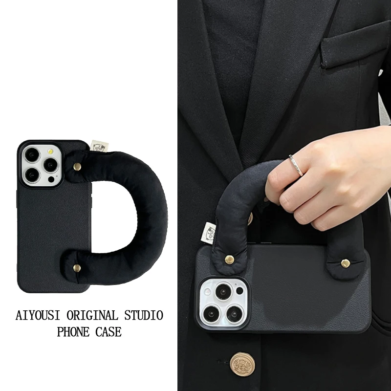 

Простой черный кожаный ремешок на запястье с хлопковым наполнением для Apple 15, чехол для телефона iphone 14 pro 13 pro max, защитный чехол 12 с защитой от падения 11