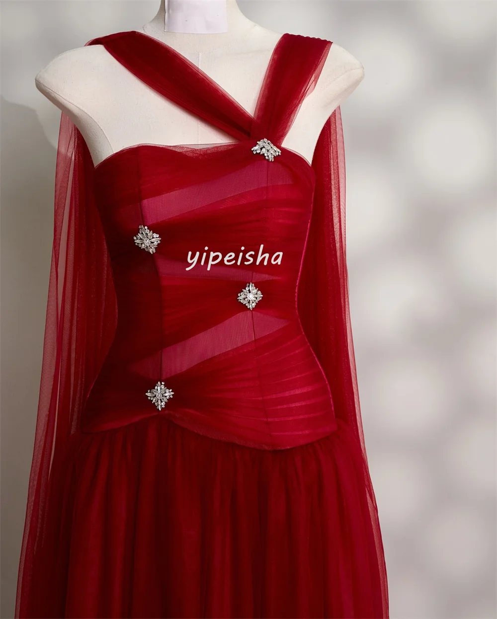 تخصيص الطراز الحديث الأزياء تول حجر الراين الطية ألف خط واحد الكتف فساتين طويلة مخصص فساتين المناسبات الأحجام المتاحة #3