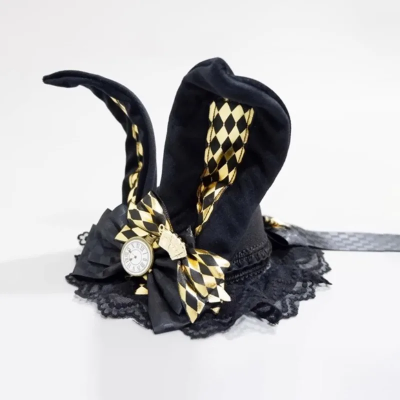 Chapeau Lolita fascinateur fait à la main avec oreilles de lapin, garniture en dentelle pour femmes et filles, couvre-chef de fête de thé, chapeaux de robe de soirée d'halloween