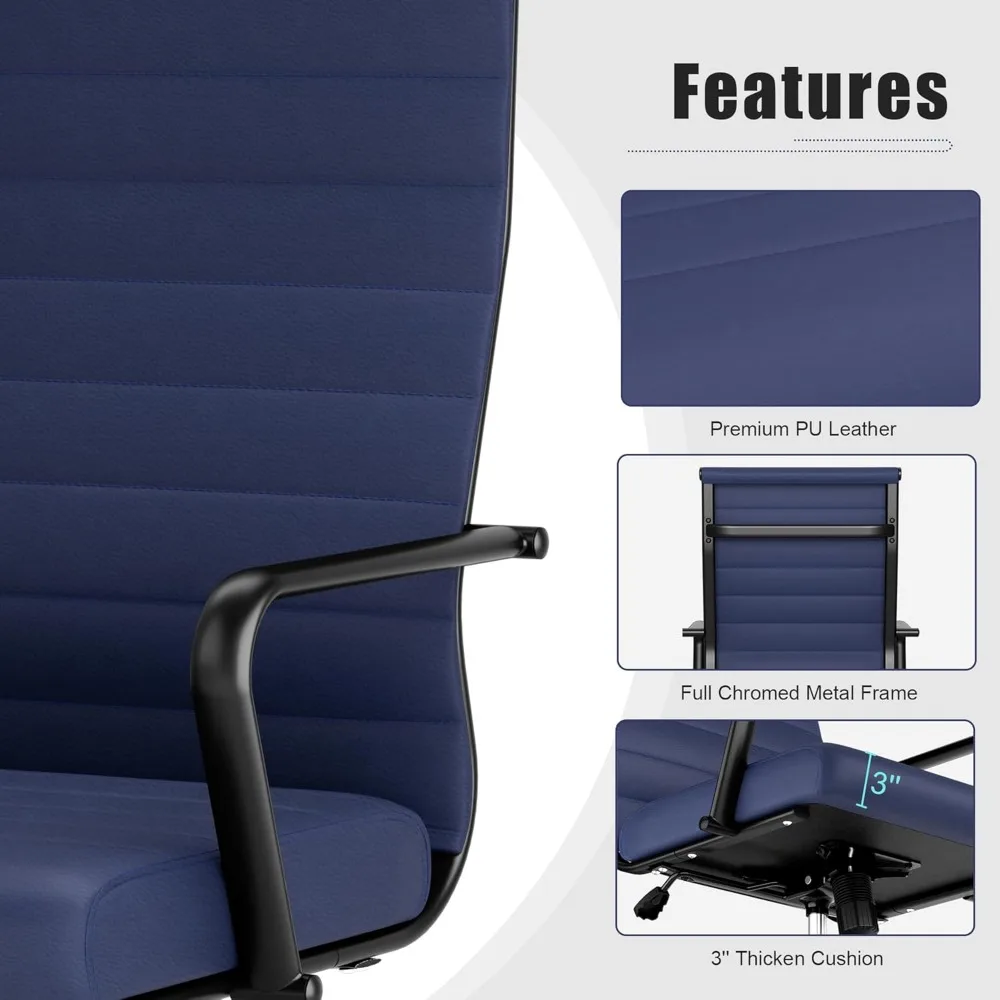 sedia da ufficio ergonomica in pelle blu dal design a coste, girevole regolabile in altezza per sale esecutive e conferenze