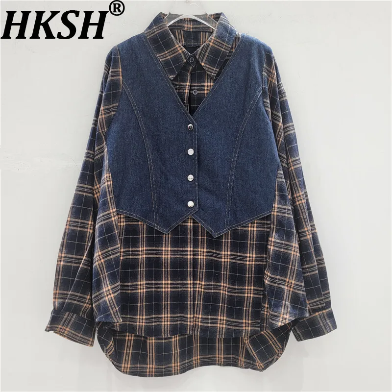 

HKSH Autumn Winter New Women Shirt Fake Two-Piece Turn-Down Collar Long Sleeve Plaid Spliced Contrast Color Stylish Tops HK10042