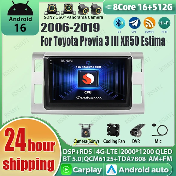Android 16 wifi+4G Carplay Car Radio For Toyota Previa 3 III XR50 Estima 2006 - 2019 Navigation GPS Video Player Multimedia DVD