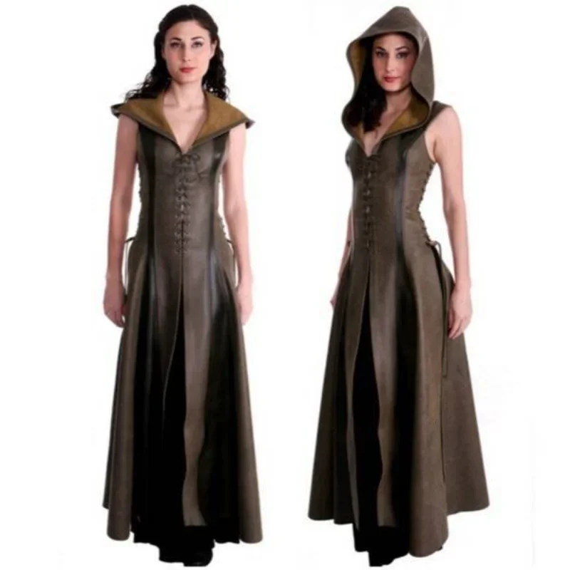 Women Archer Cosplay Costume with Hooded Faux Leather Long Dress Sleeveless Medieval Adult Halloween Costume Warrior Suit