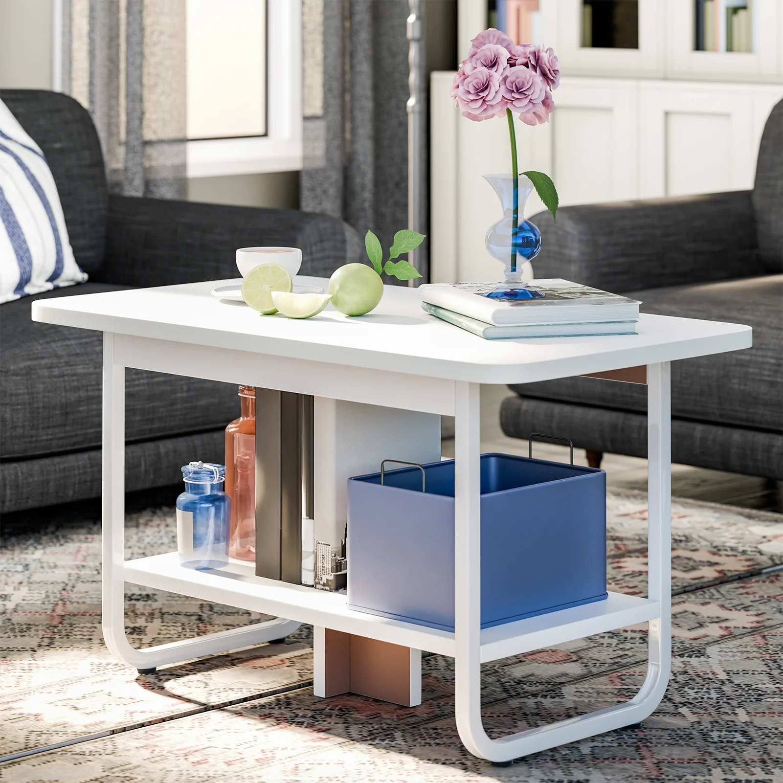 

Coffee Table, Coffee Table with Storage Shelf, Tea Table for Living Room, Double Layer Coffee Table with Stable Base
