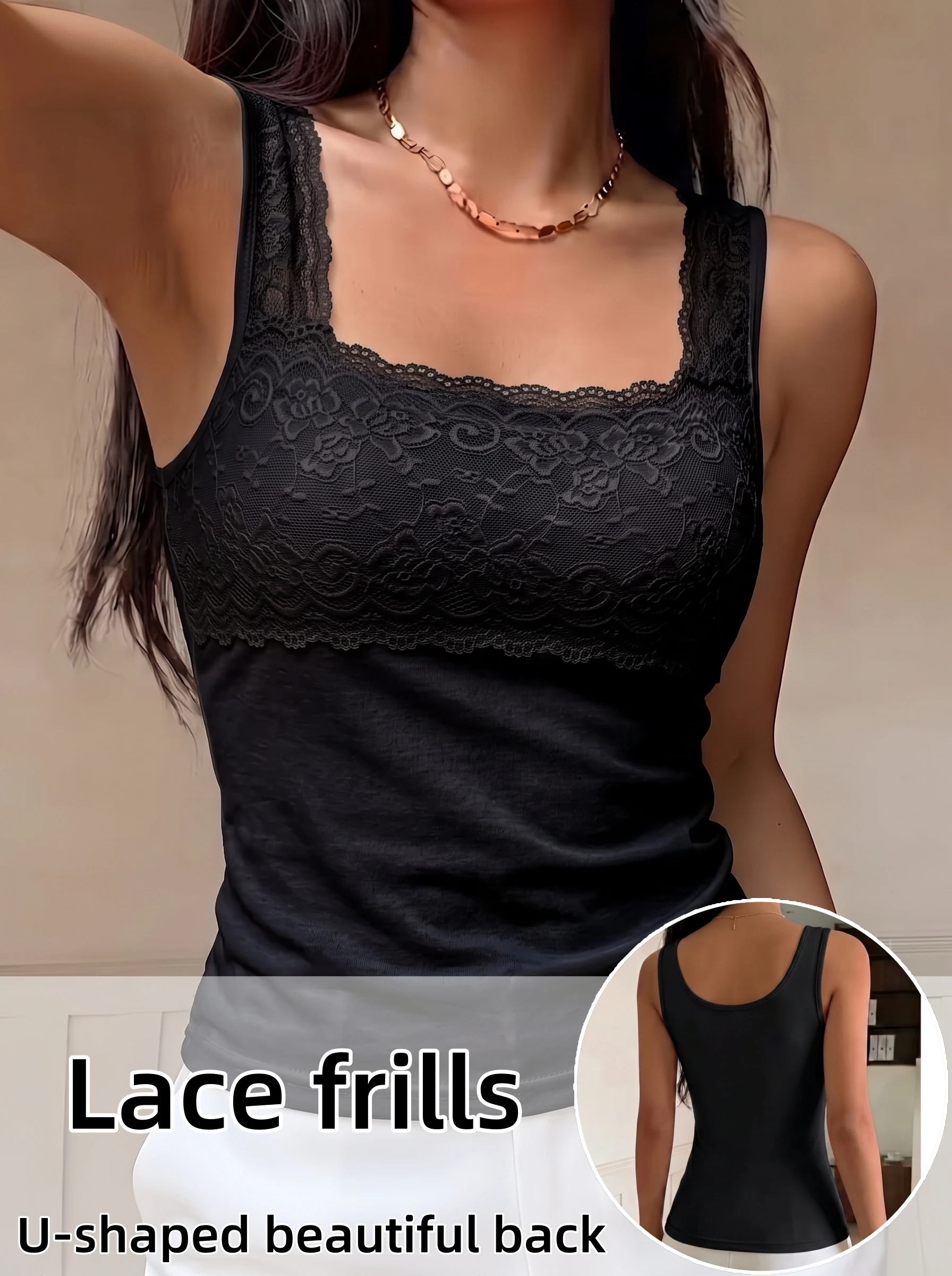 Women's Lace Patchwork Camisole, French-Style Solid Color Spaghetti Strap Sleeveless Top, Comfortable Inner Wear, Soft and Stretchy, Slim-Fit Camisole, Elegant and Sexy, Versatile Women's Top and Underwear, Suitable for Daily Casual Wear, Can Be Worn in All Seasons