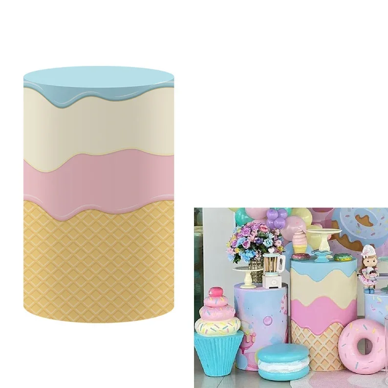 Mehofond Pink Donuts Ice Cream Backdrop Kids Birthday Party Cylinder Cover Baby Shower Festa Balloon Parties Plinth Decoration