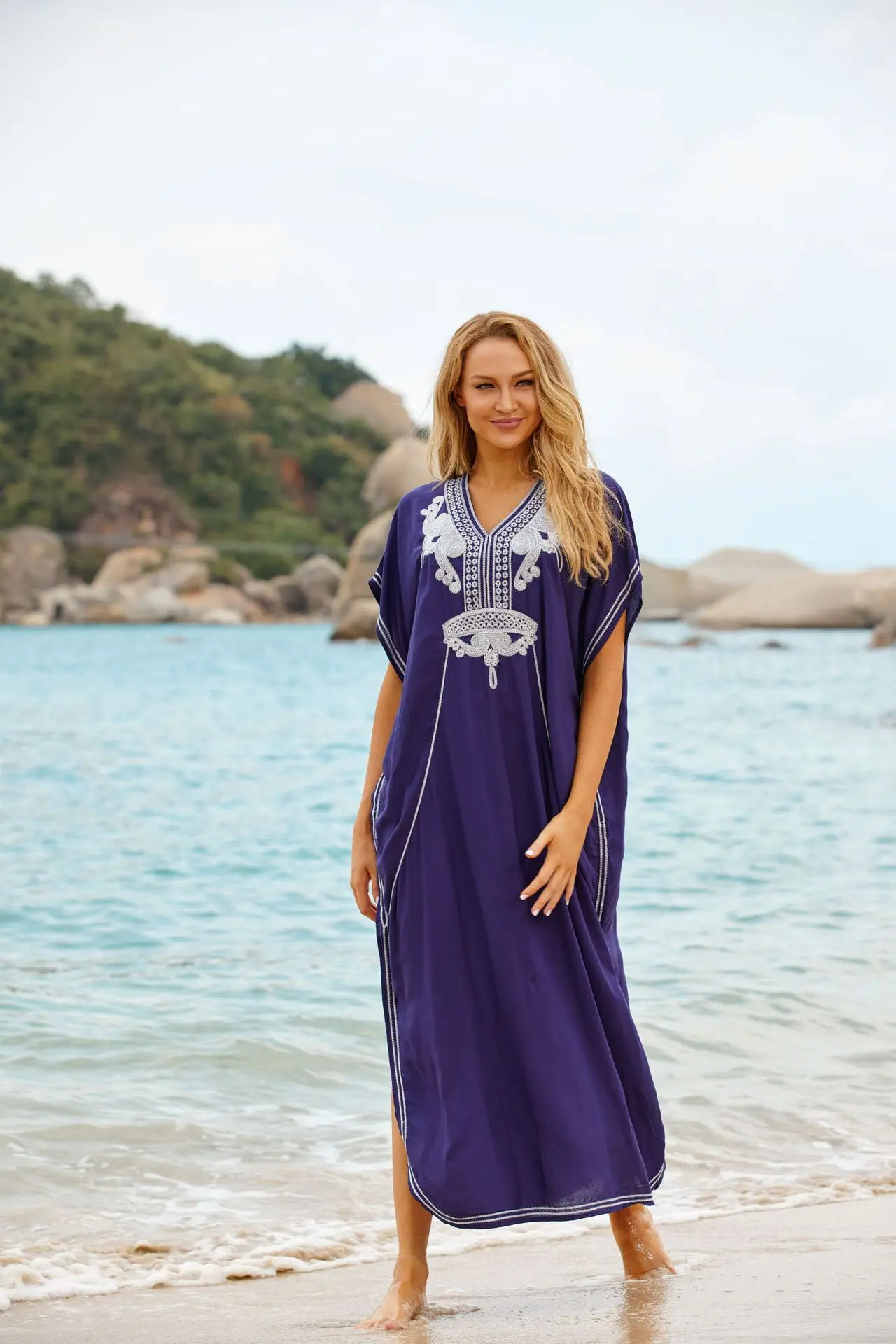 Vestido de verano de manga corta con bordado folclórico Indie para mujer, Túnica de algodón, caftán de playa, ropa de playa, traje de baño, bata de playa, 2024