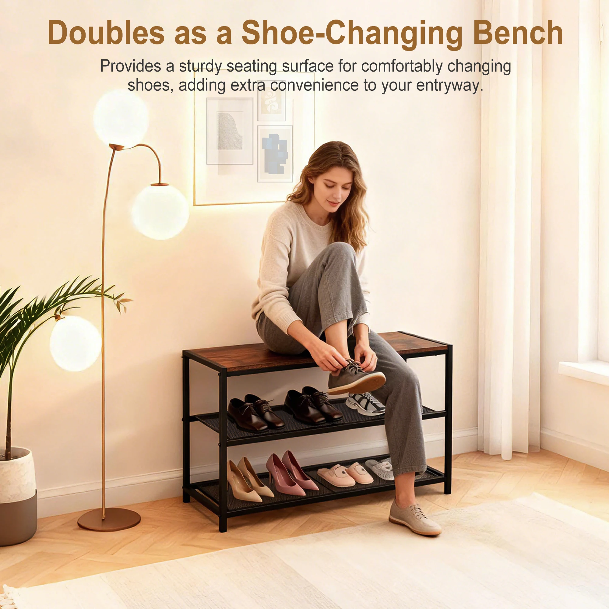 JHK 3-Tier Shoe Bench with Storage Mesh Shelves for Entryway Sturdy Shoe Rack Organizer Bench Easy Assembly For Living Room