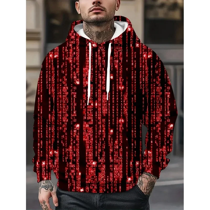 Men Red Digital Matrix Code Stream 3D All Over Print Hoodie Tech Cyber Graphic Casual Long Sleeve Hooded Sweatshirt