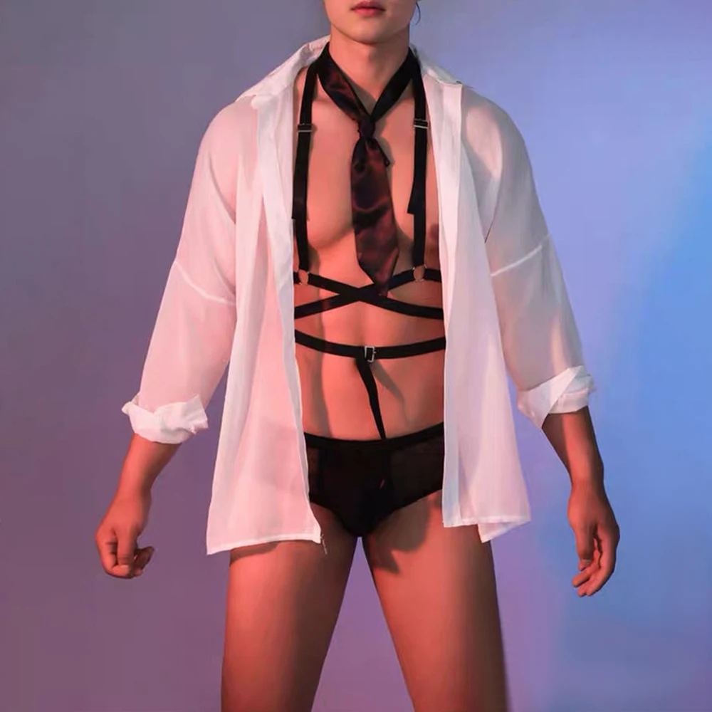 Mens Bondage Tie Shirt Fashion Underwear Outfit 2024 New Pajamas Fashion See-Through Sexy Role Play Exciting Lgbt Mens Wear