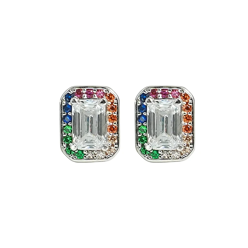 Earstuds 925 silver daily light luxury rainbow emerald cut white diamond gold-plated temperament niche versatile and compact