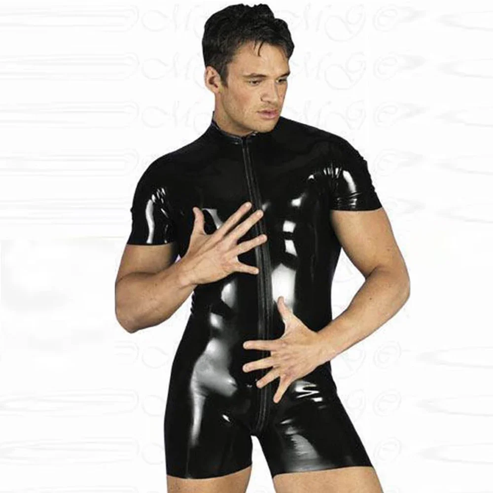 Men PVC Bodysuit Men's Shiny Leather Bodysuit Sexy Costumes Halloween Black Spandex Short Sleeve Short Jumpsuit Halloween