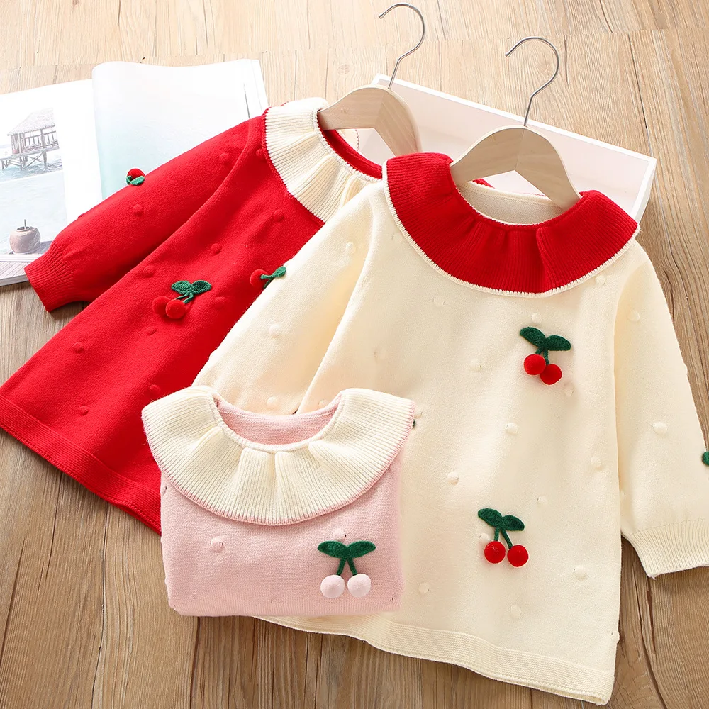 

Autumn New Kids Dress Ruffle Collar Dress for Girls Ling Sleeve Knit Dress Children Knit Wear