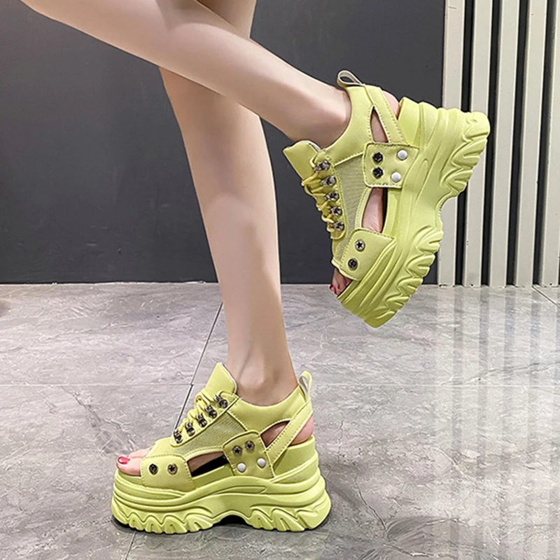 Summer Sexy Lace Up Sandals Wedges Shoes Breathable Wedges 8CM High Heels Ladies Beach Mesh Slippers Chunky Rome Shoes 34-39