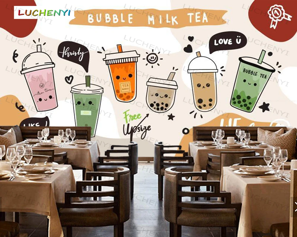 Papel de parede custom cartoon bubble milk tea 3d wallpaper mural, restaurant juice shop kitchen dining room wall papers sticker