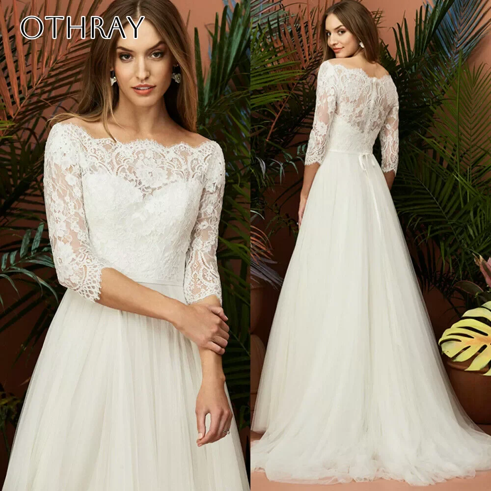 Off Shoulder A-line Bridal Wedding Gown Lace Half Sleeves Tulle Sweep Train Customized свадебное платье