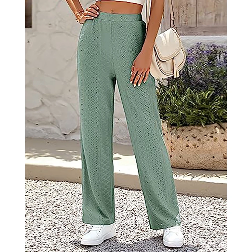 

Women Midi Waist Eyelet Embroidery Hollow Out Pants Female Casual Straight Leg Trousers Solid Women Workwear Clothing traf