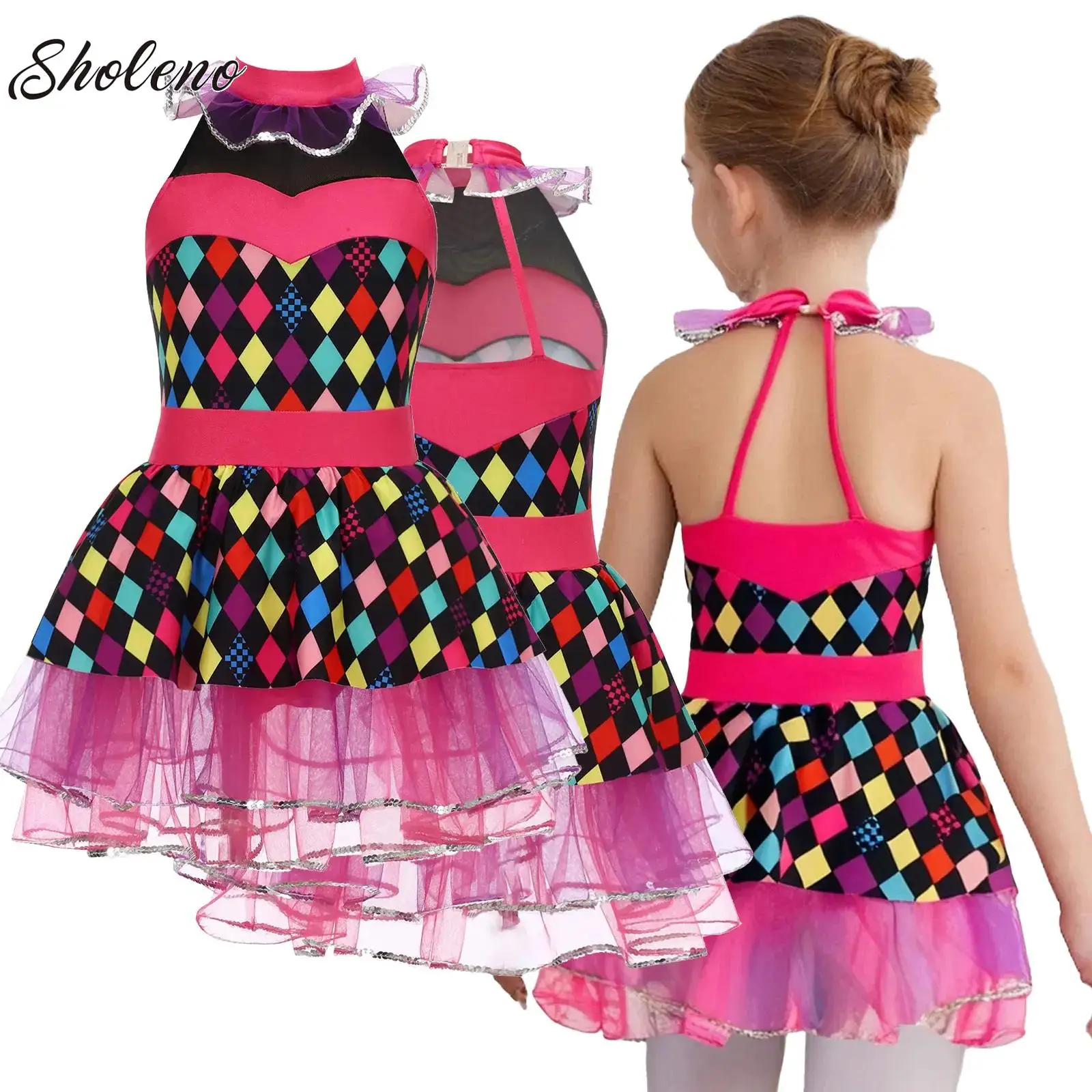 

Kids Girls Halloween Clown Cosplay Costume Color Block Mesh Tutu Dress Children Magician Dance Performance Fancy Dress Up Outfit