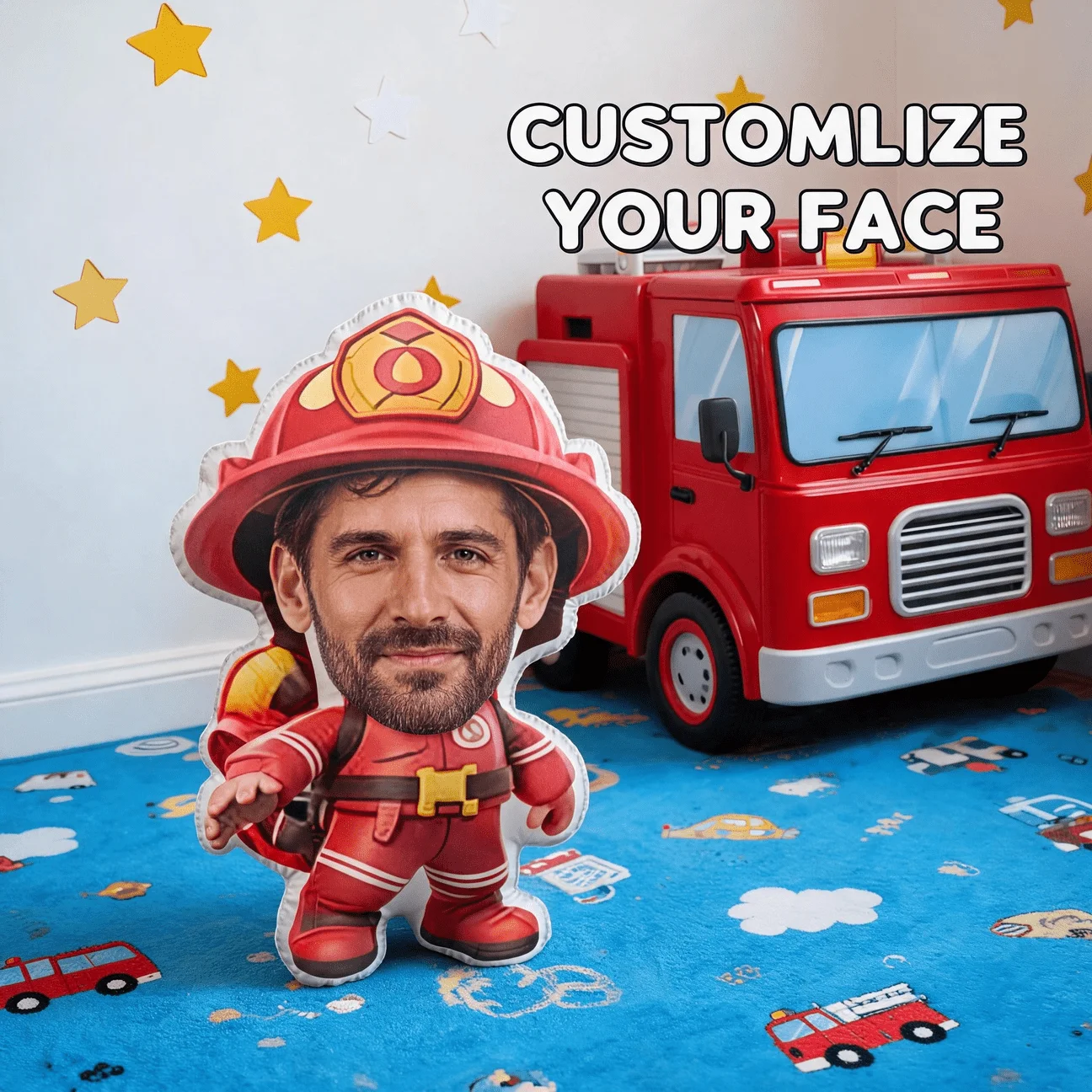 Personalized Firefighter Photo Pillow - Custom Face & Name/Number/Rank Print Cushion Suitable for Sofa, Bed Decor, Firefighter G