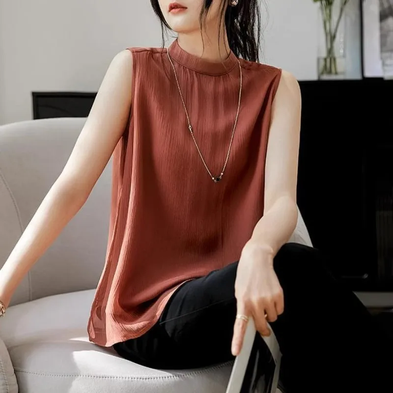 

2025 Summer French Style Sleeveless Blouse Women Artificial Silk Chiffon Top Elegant Office Vest Fashion Trendy Casual Chic