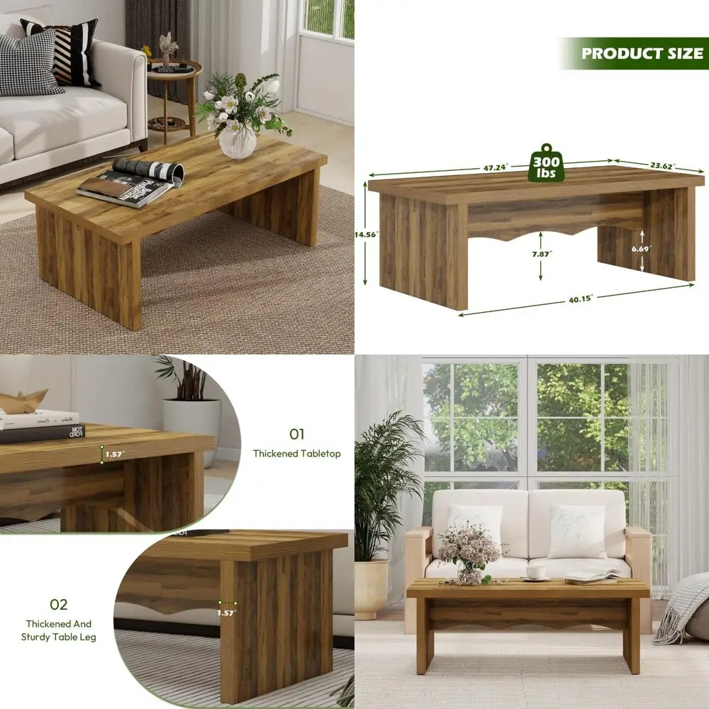 

Rustic Farmhouse Style Coffee Table, 47 Inch Thick Wood-Grain Rectangle Mid Century Modern, Large Living Room Furniture