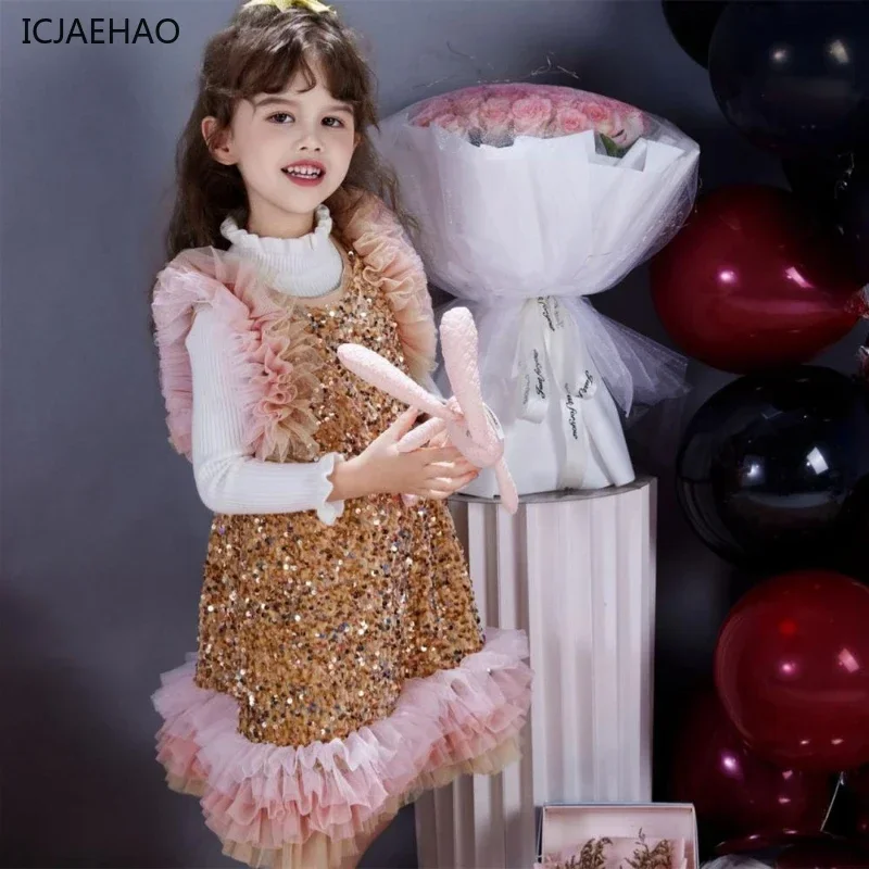 

2025 Girls Sleeveless Dresses Kids High End Frock Ball Performance New Clothing Sequin Tulle Birthday Party Princess