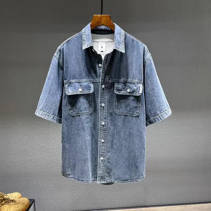 Summer New Men\'s Denim Short-sleeved Shirt Retro Large Size Tooling Loose Casual Denim Tops All-match 7XL 8XL