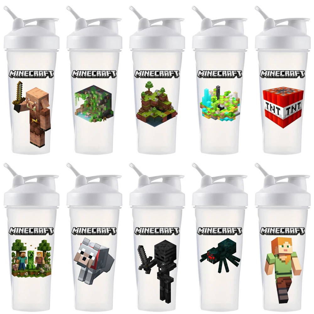 

600ML Game Cartoon Minecraft Sports Water Bottles Protein Shaker Water Bottles Whey Gym Durable Shaker Sport Shake Cup