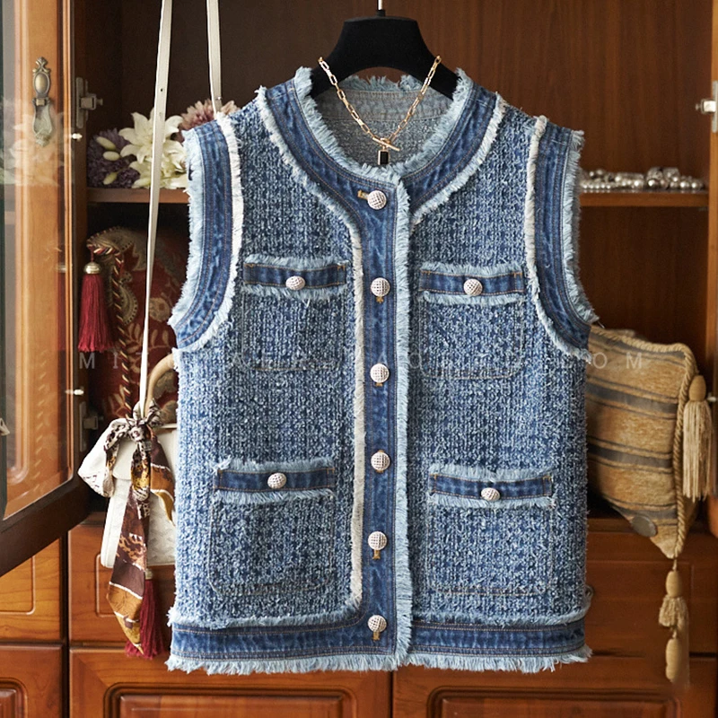 

Джинсовый жилет с бахромой для женщин, весенне-осенние жаккардовые однобортные топы на бретелях, корейская модная элегантная куртка без рукавов