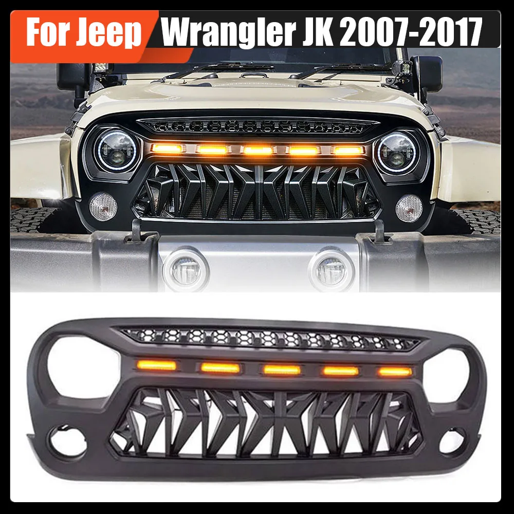 For Jeep Wrangler JK 2007-2017 Car Racing Grille Bumper Guard Grill With Metal Mesh with 5 LED Lights Replacement Knight Grills