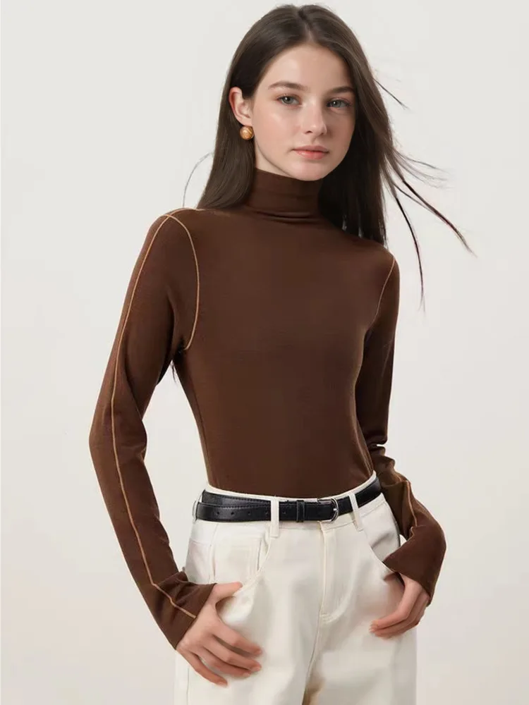 

Women Lyocell Wool Brushed Thick T-Shirt,winter Turtleneck Color-Block Warm Long Sleeve Bottoming Tops