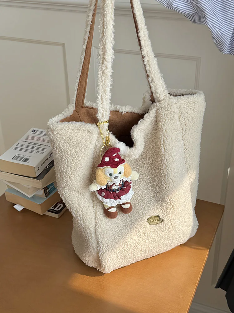 

Ретро-сумка-ведро с вышивкой и мехом ягненка, двусторонняя, большая вместимость, на одно плечо, для женщин, повседневная, в стиле кэжуал